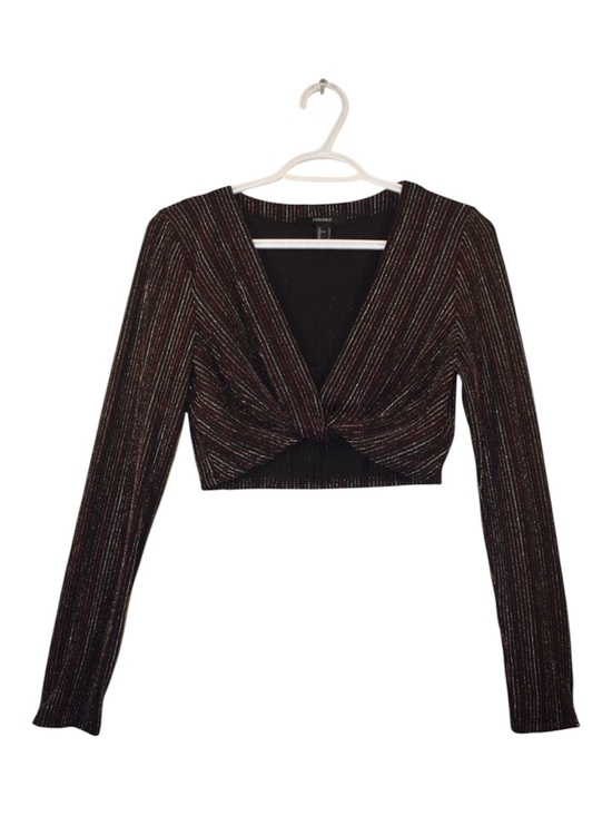 Forever 21 Tops - Forever 21 Black Glitter Stripe Twist-Front Long Sleeve Crop Top